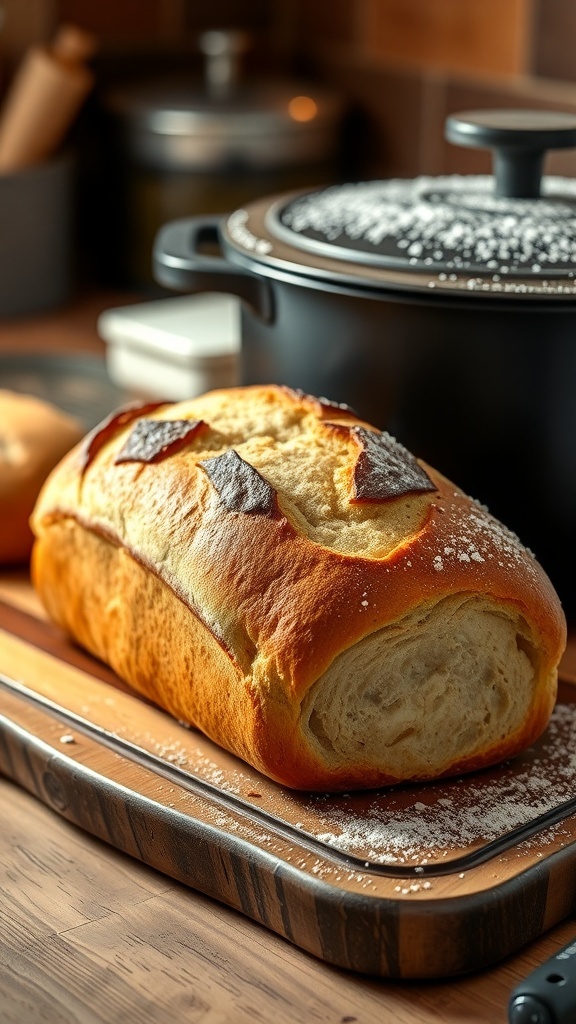 Simple Dutch Oven Bread Recipe A golden-brown loaf of bread on a cutting board next to a Dutch oven, highlighting its crusty exterior.